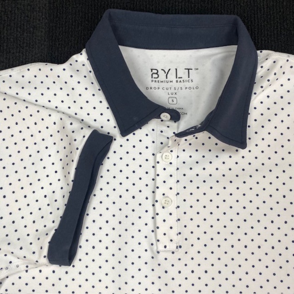 BYLT Premium Basics Drop Cut Lux Polo Shirt Small White Navy Polka Dot Mens